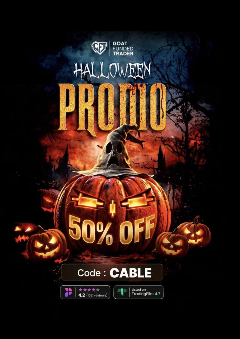 Goat Funded Trader Halloween promo: 50% off, code CABLE.